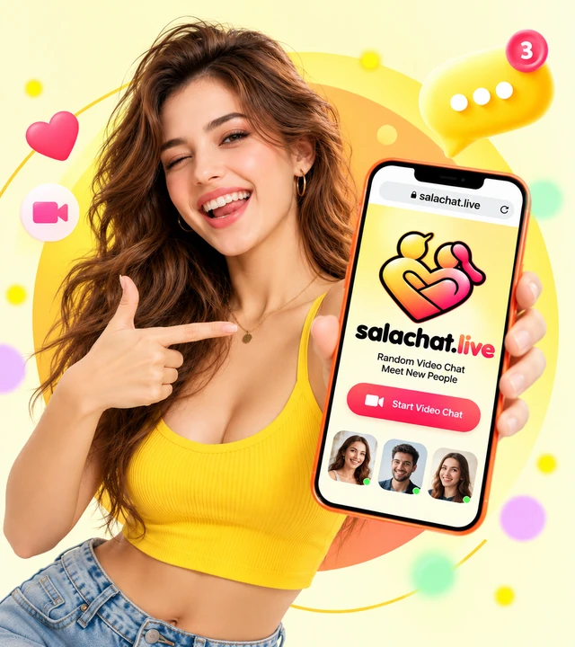 Smiling woman pointing to a smartphone displaying the SalaChat video chat website